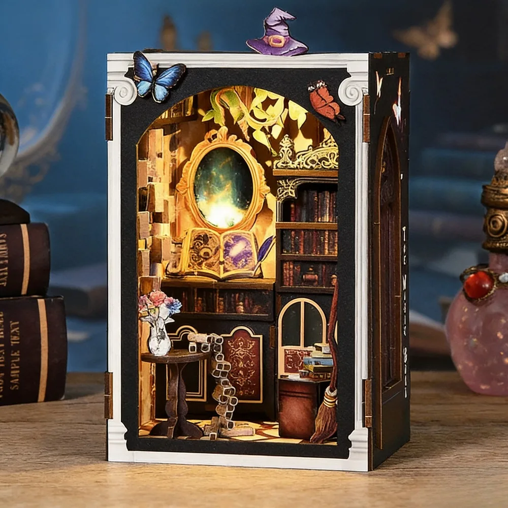 

Enchanted Mirror Book Nook DIY House Kit, Magic Bookend Miniature 3D Wooden Puzzle Model for Home Decor Gift