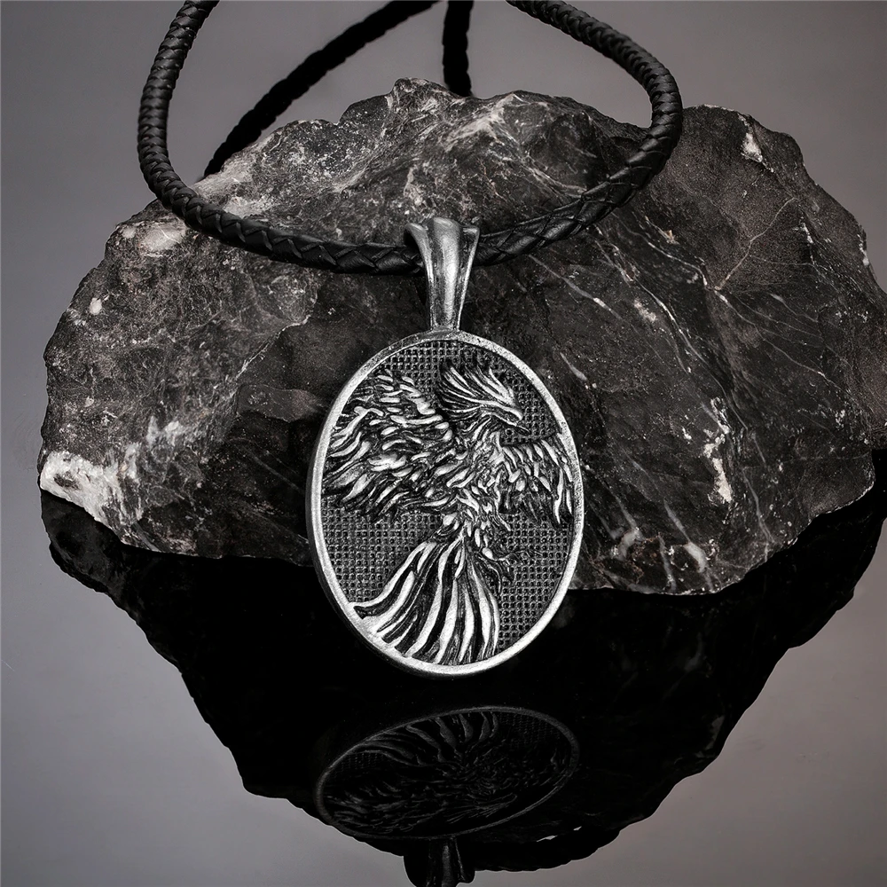 Vintage Nordic Phoenix Necklaces Mens Vikings Fire Bird Antique Silver Color Pendant With Stainless Steel Chain Women Jewelry