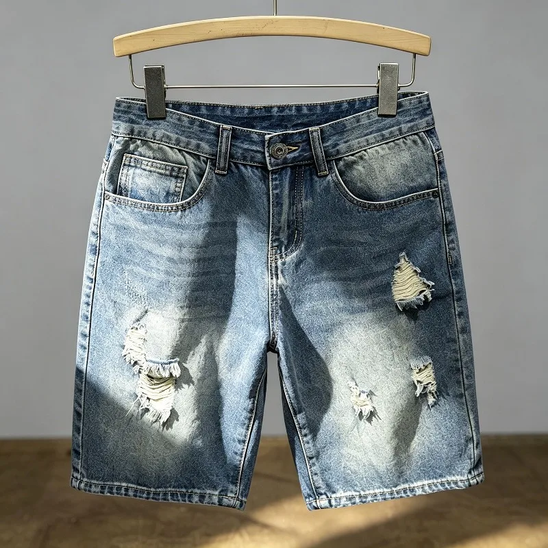 

Fashion Ripped Hole Denim Shorts for Men Summer Loose Straight Knee-length Retro Short Jeans Hip-hop Motorcycle Streetwear