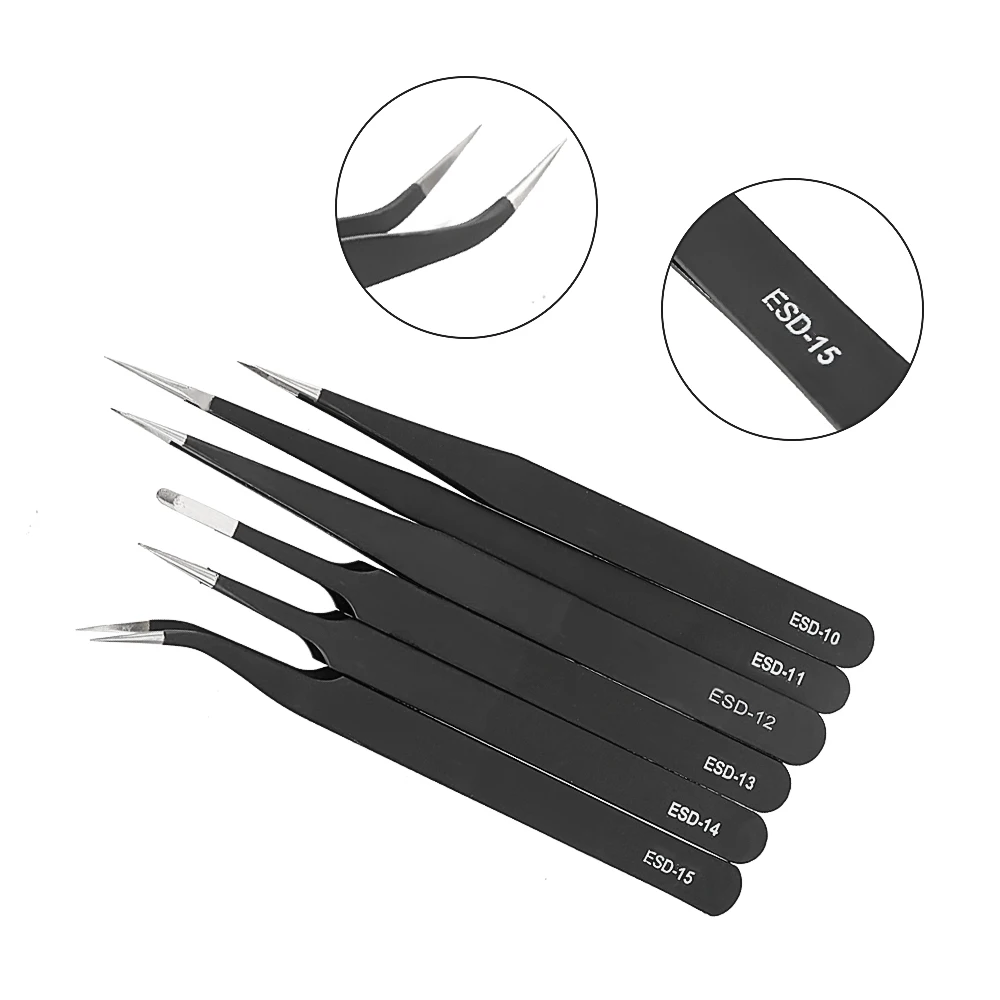 Precision 6 pz/set pinzette per riparazione industriale Set di pinzette per gioielli per orologi elettronica per telefoni cellulari antistatica