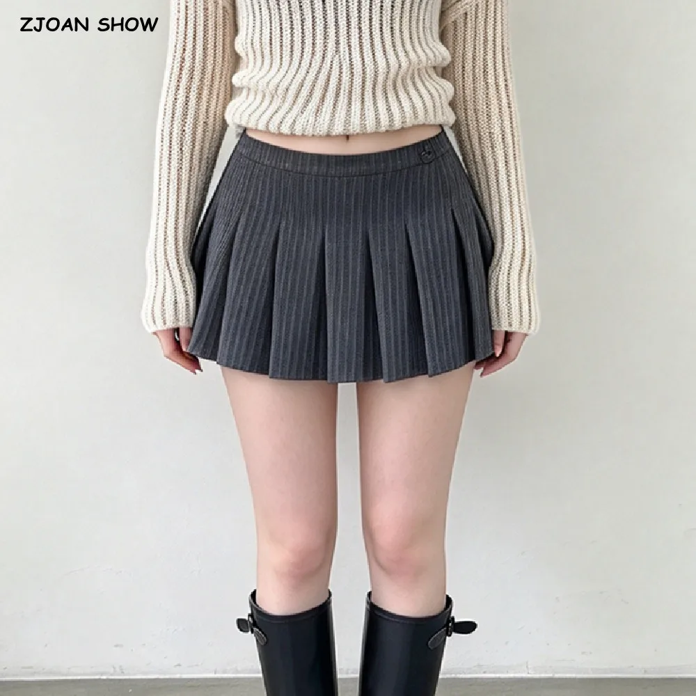 American Retro Women Striped Print Pleated Mini Skirt Sexy Buttons Low Waist Asymmetry One Piece Wrap Skater Skirts Ladies