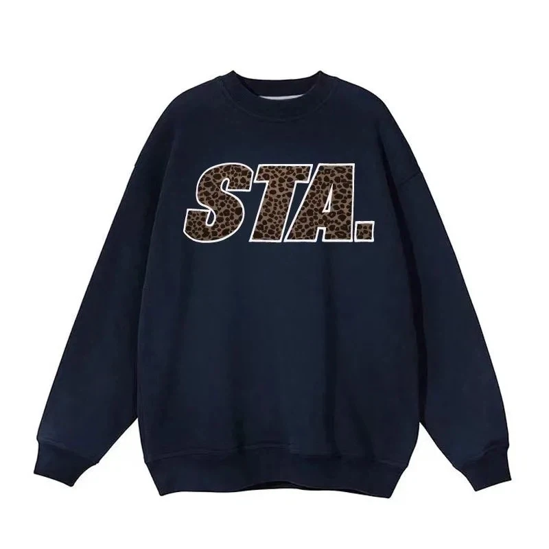 가을 겨울 국가 패션 상의 남녀 커플용 미국 레오파드 프린트 헤비 라운드 넥 스웨트셔츠