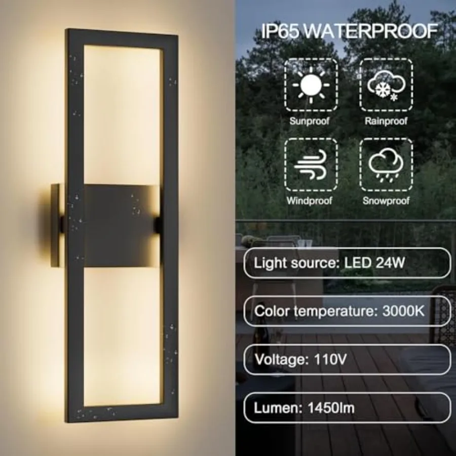 22" Modern Outdoor Wall Lights, 3000K 1450LM Integrated LED Large Exterior Lighting Fixtures with Rectangle Frame, Matte Black view 5