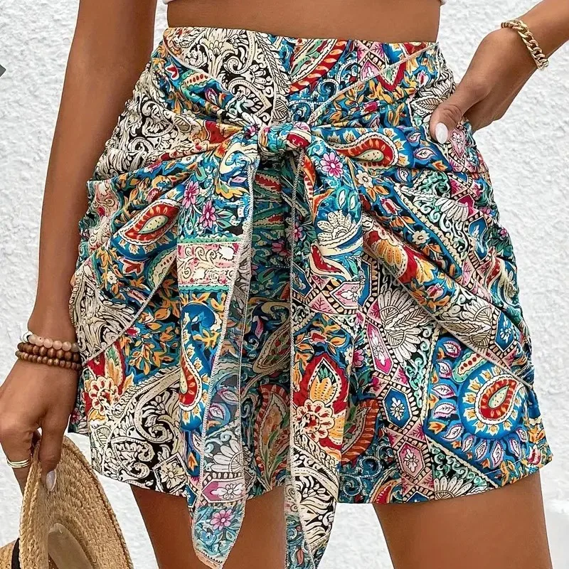 

New Vacation Style Woman Shorts Summer Trendy Latest Casual Vintage Boho Tribal Floral Printed High Waist Wide Leg Ladies Pants