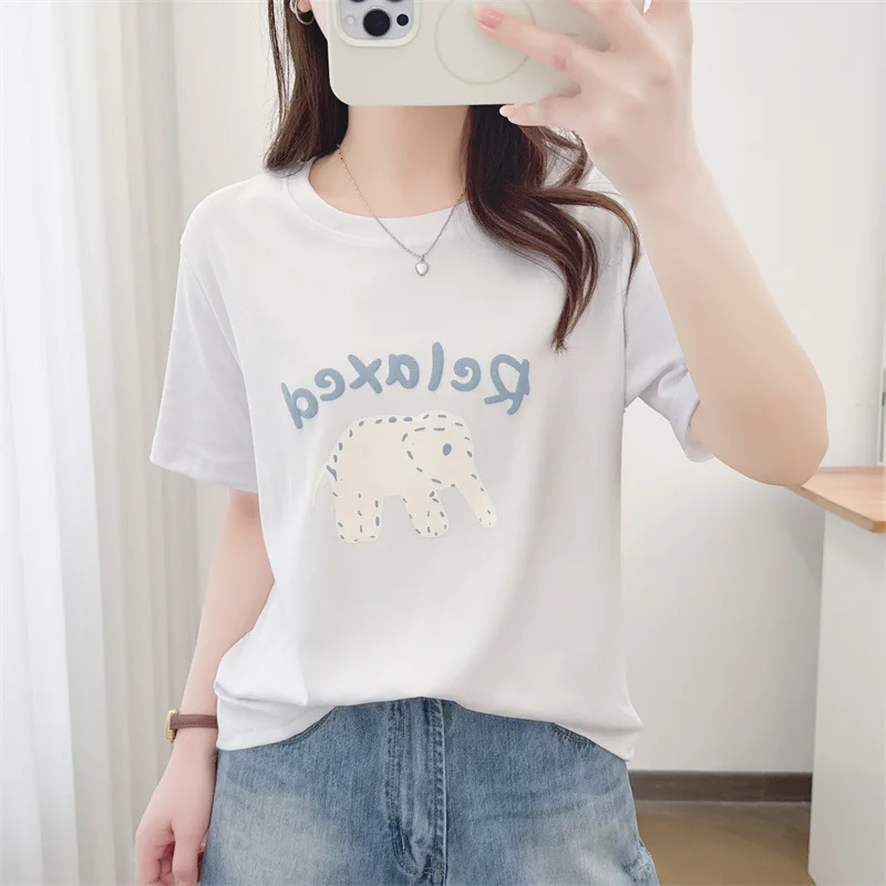 

Женская повседневная футболка больших размеров с мультяшным принтом, летняя, хлопковая, с коротким рукавом, круглым вырезом, свободного кроя, базовая, 2026, 7083