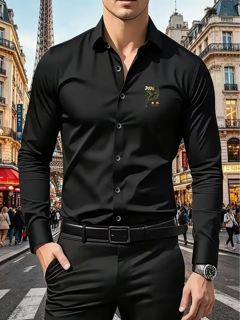 Men's Premium Business Casual Shirt 2026 Logo Print Slim Fit Long Sleeve Wrinkle Resistant Dress Shirt Multi Styles Available