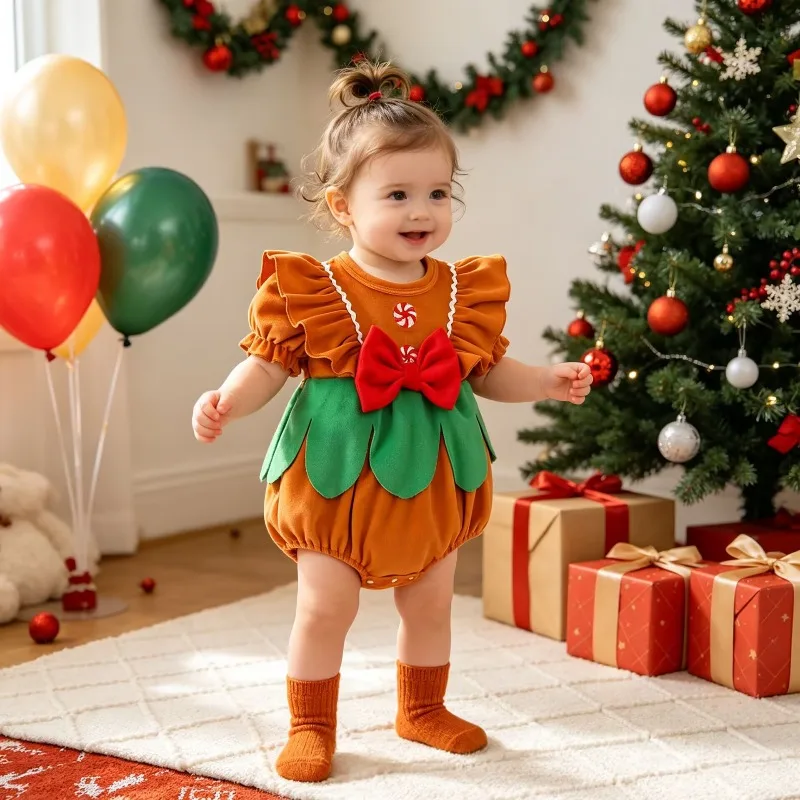 Infant Baby Girl Christmas Bubble Romper Brown Ruffled Top with Green Leaf Skirt Big Red Bow and Candy Cane Detail Outfit 0 24M