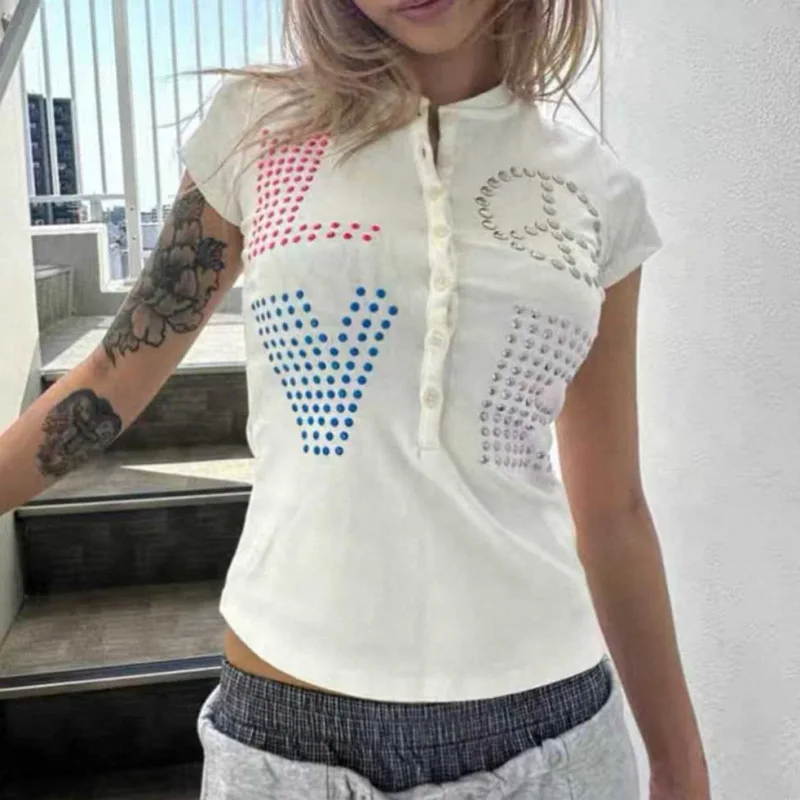 Women's Y2K Flirty Short-Tops with Spread Collar, Semi-Open Front Buttons, Colorful Rhinestone Accents and Slim Fit Short Sleeve
