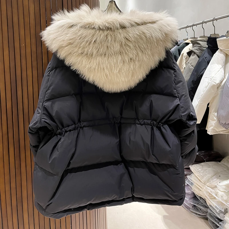 White Duck Down Jacket for Women, Thick Warm Hooded Coat, Real Fur Collar, Fox Hair Waisted Parka, Fashion, New, Winter, 2024