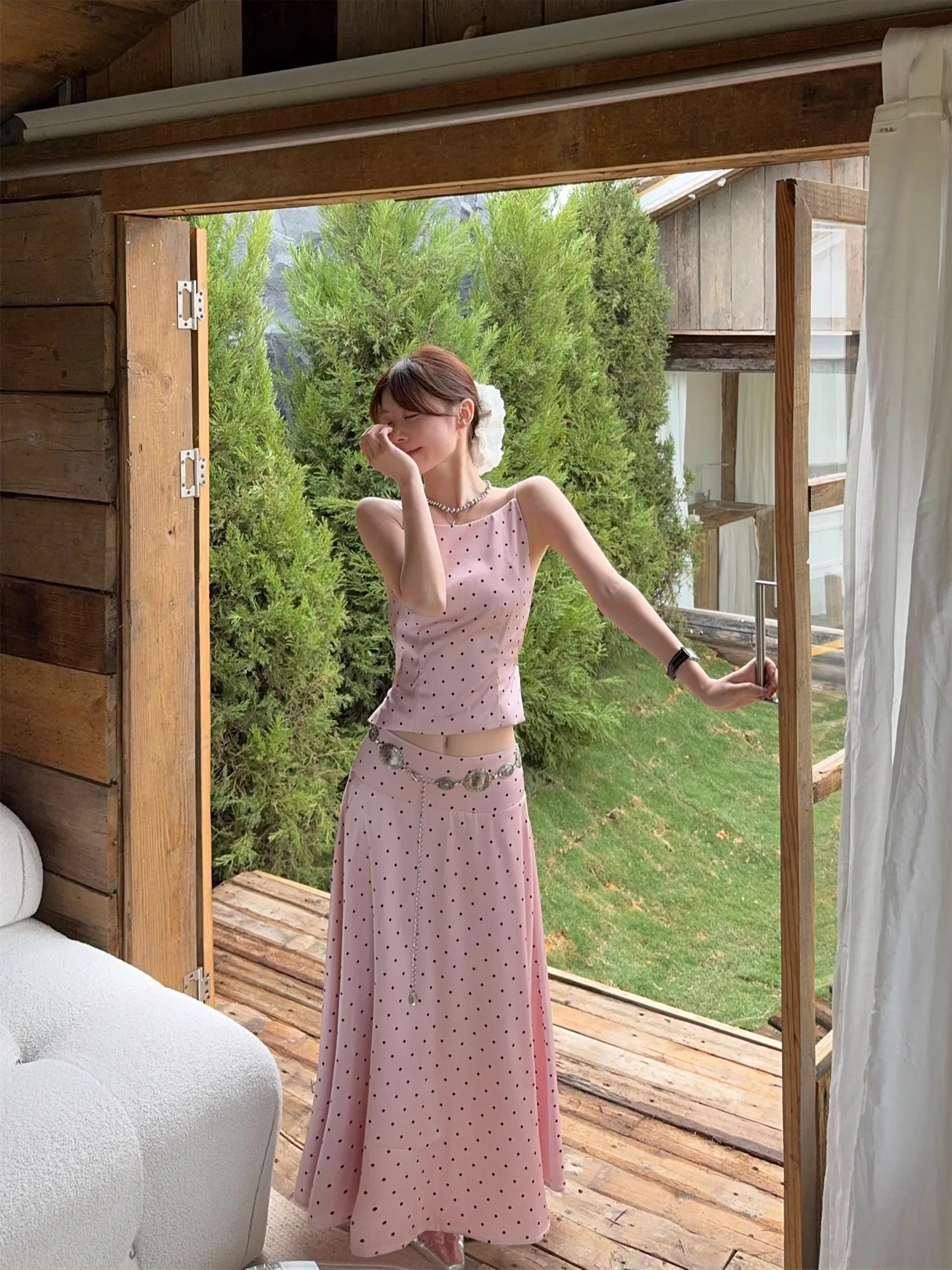 

Beach Vacation Style Two-Piece Set Pink Pure Desire Polka Dot Strap Vest Women Summer Elegance Long Skirt Half Skirt