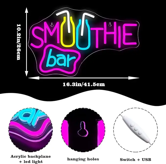 Imagem -05 - Smoothie Bar Sinais de Neon para Wall Decor Decoração de Quarto Neon Colorido Luzes Led Reguláveis para Bar Party Usb Store Lâmpada de Bebidas