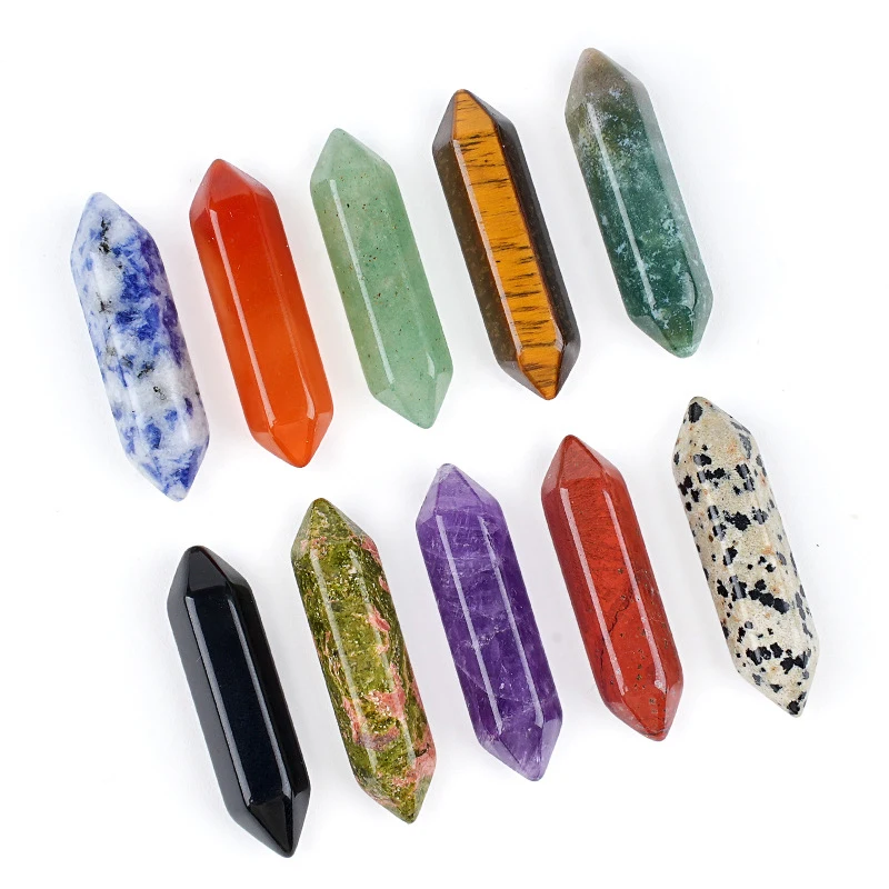 1pc Natural Stone Double Terminated Points Hexagonal Crystal Wand Carved Stone Stick Amethyst Obsidian Quartz Reiki Healing
