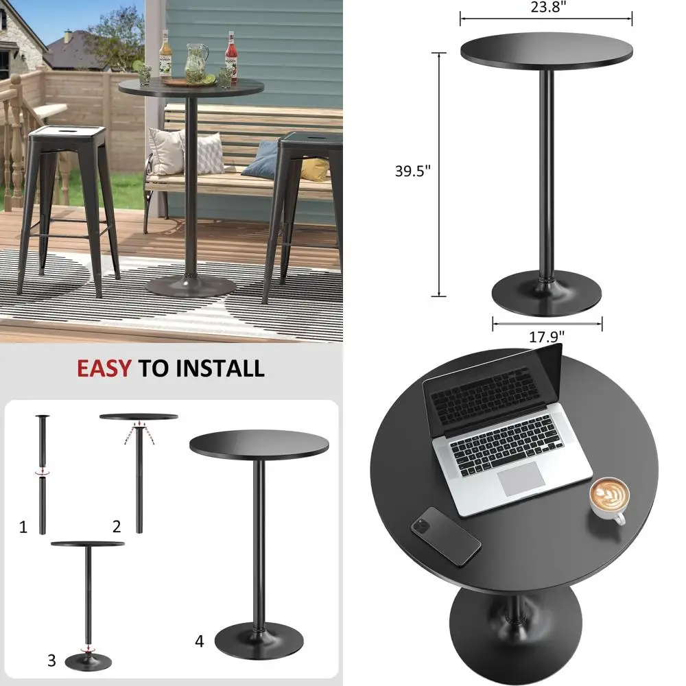 

Round Metal Base Bar Height Cocktail Table Set, 23.8 Top, 39.5 Height, Obsidian MD Top, Black Legs