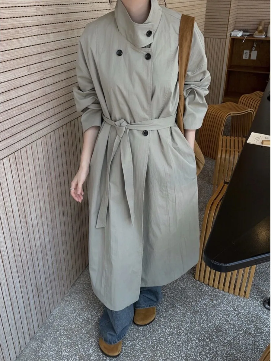 Fashionable Autumn Winter Long Coat Women's Stand Collar Button Loose Lazy Style Windbreaker Outerwear Korean Style