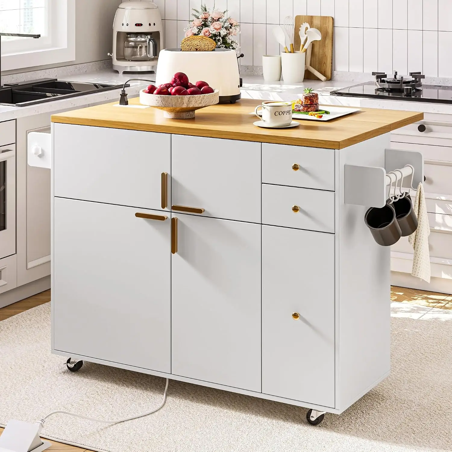 53'' Kitchen Island Drop Leaf Power Outlet Wheels 3 Drawers Pull Out Rack Rolling Cart Kitchen Dining White, Customized