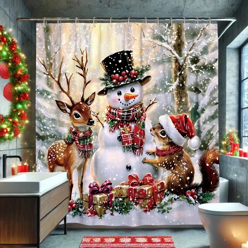 Christmas Cheer Shower Curtain - Snowman, Deer & Squirrel Design | Washable Polyester with 12 Hooks Included | Perfect for Holid