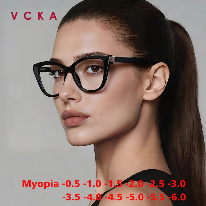 

VCKA Роскошные модные женские очки «кошачий глаз» для близорукости, большая оправа TR90, анти-синий свет, индивидуальные очки по рецепту от -0,50 до -6,0