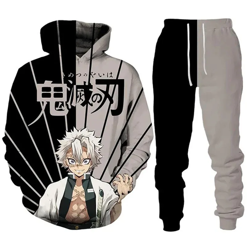 Anime Demon Slayer Hoodie 3Dพิมพ์คอสเพลย์กางเกงHoodie 2PCSชุดTracksuitผู้ชายOversize Vintage Streetwear Hoodieกางเกงเด็กชุด