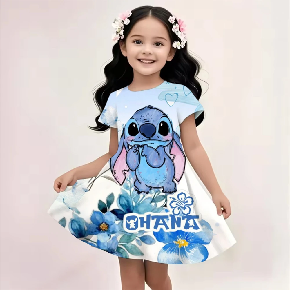 

MINISO New Summer Girl Dress Disney Stitch Cute 3D Print Children's Clothing 2025 Cute Fashion Princess Cartoon Comfortable