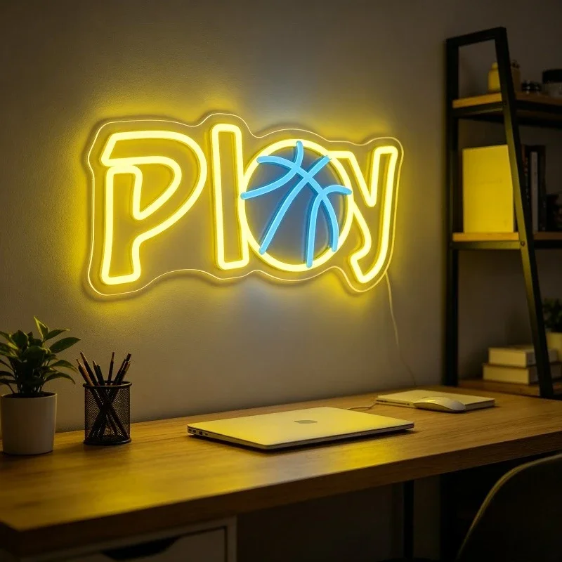 Play Neon Sign​ USB Dimmable LED Hanging Light for Basketball Themed Kids Room Game Zone Arcade Club Sports Garage Wall Decor
