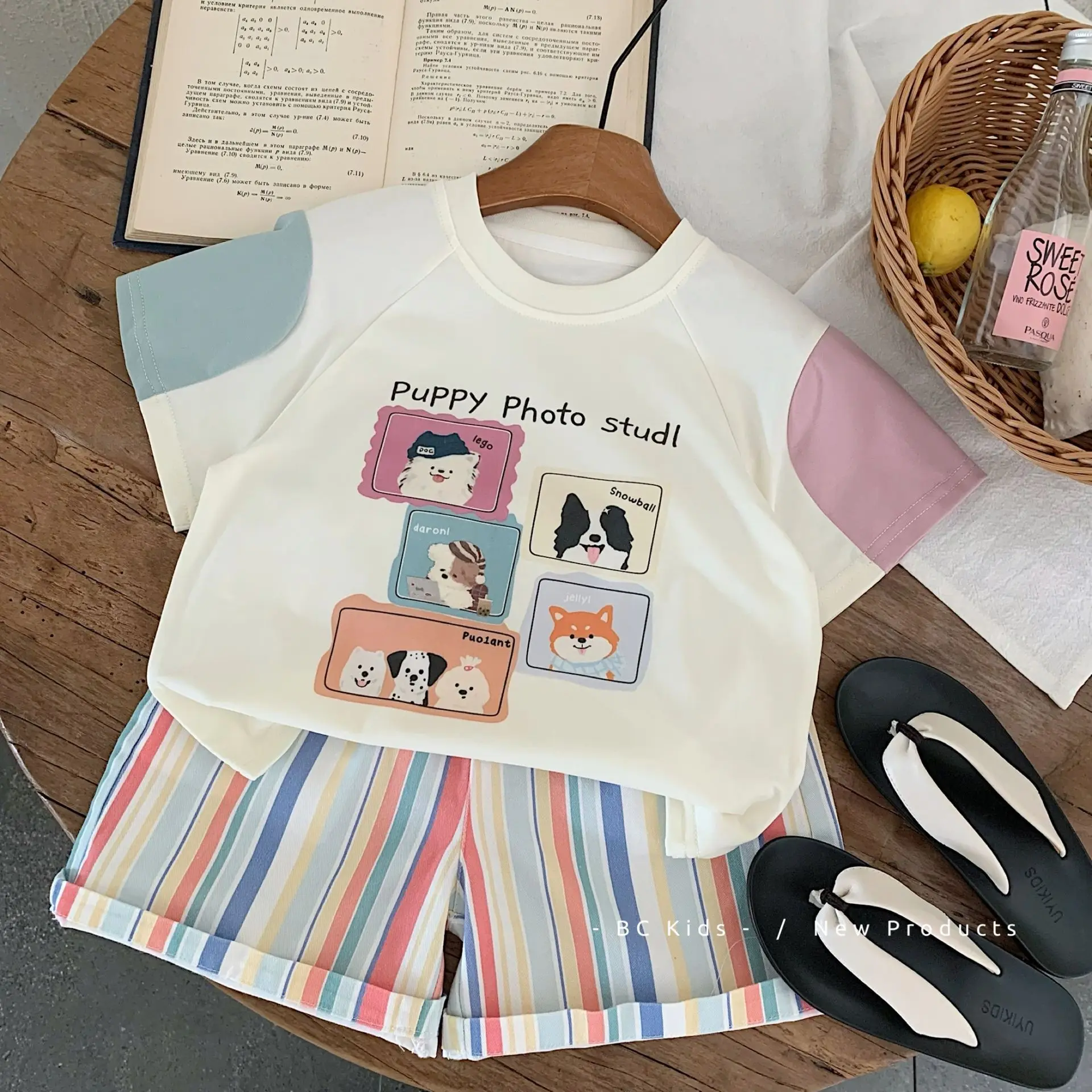 

UNITIM Summer Kids Boys 2PCS Clothes Set Cartoon Dog Printed Short Sleeved T-shirt+striped Shorts Suit Toddler Boys Outfits
