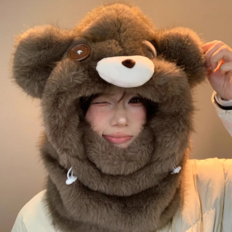 New Cute Imitation Mink Bear Ear Balaclava Cap Winter Outdoor Scarf Neck Guard Integrated Warm Cycling Lei Feng Hat for Women