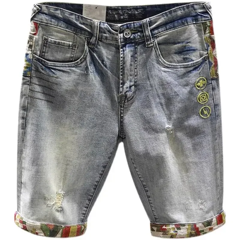 Men\'s Short Jeans Pants Ripped Multi Color Embroidery Male Denim Shorts Luxury Harajuku Original Jorts Blue Designer Popular Emo