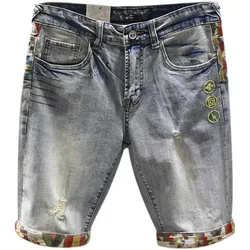 Men's Short Jeans Pants Ripped Multi Color Embroidery Male Denim Shorts Luxury Harajuku Original Jorts Blue Designer Popular Emo