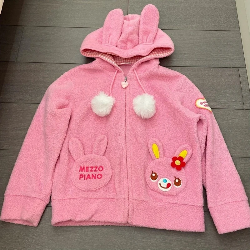 Japanese Kawaii Hoodies Women Fairy Rabbit's Ears Hooded Top Japanese Cartoon Embroidery Hoody Y2k Pink Grunge Zip Up Sweatshirt