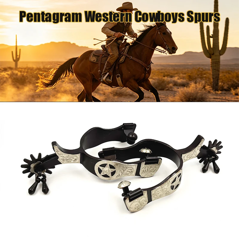 Classic Western Star Spurs with Engraved Pentagram & Rotating Rowel, Equestrian Training & Competition Horse Riding Spurs