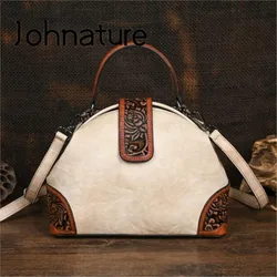 Johnature Retro Embossed Women Leather Bag 2024 New Versatile Handbag Leisure Large Capacity Shoulder & Crossbody Bags