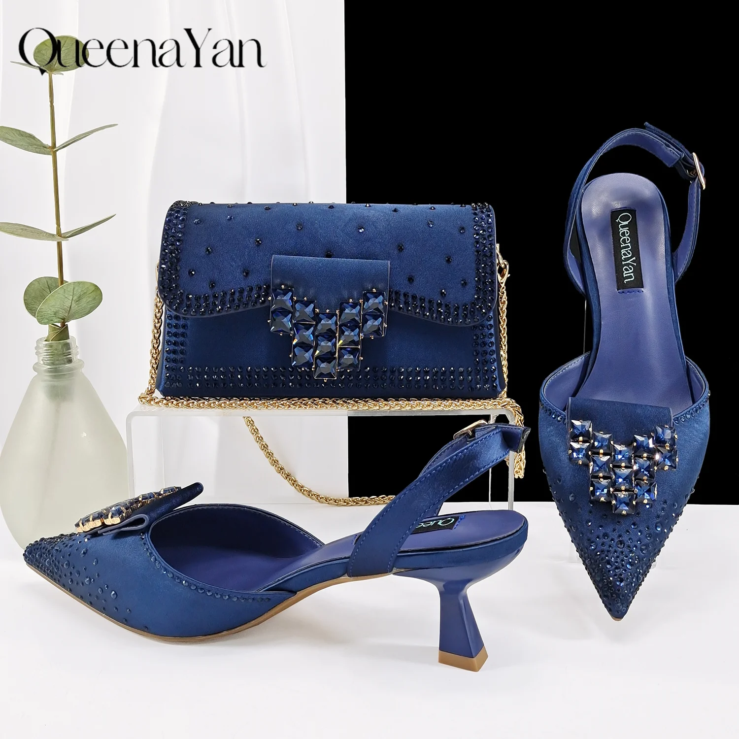 QueenaYan Elegant Navy Blue Handbag and Medium Heel Shoes Set with Beautiful Handmade Metal Decoration for Weddings and Parties