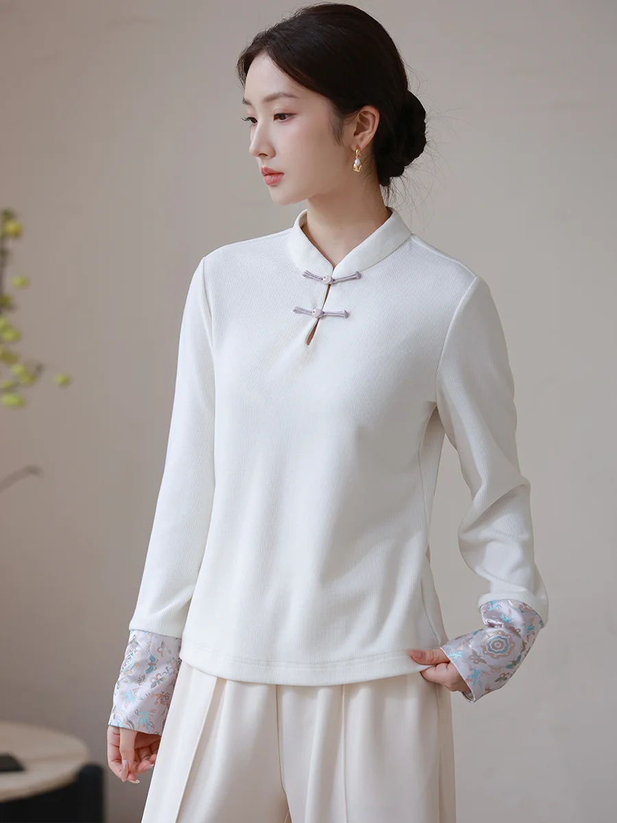 

New Chinese Sle Small irt Base Layer Inner Wear Color Blo Sve Collar Traditional Chinese Button Top Women's Faion