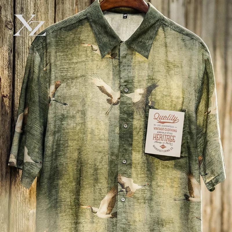 Opening Sale |Vintage Oriental Crane Print Men's Shirt, Loose Fit Short Sleeve Cuban Collar Top, Casual Streetwear Blouse for Su