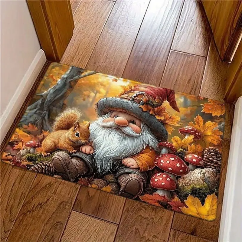 VIKAMA Fall Gnome Doormat Squirrel Mushroom Maple Leaf Forest Welcome Mat Non Slip Soft Flannel Floor Rug for Front Door Autumn
