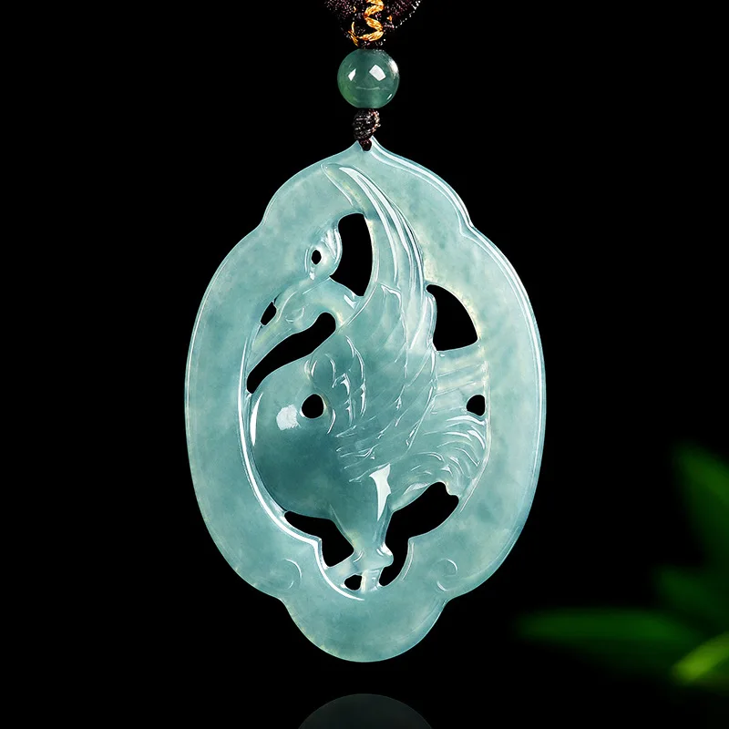 Burmese Emerald Jade Blue Water Cloudy Stream Egret Pendant Jadeite Amulets Fashion Natural Emerald Jewelry Gifts for Men Women