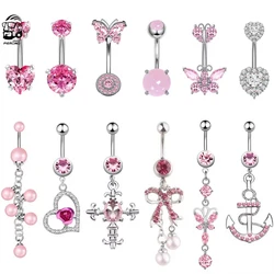 New Pink Series Dangled Belly Button Rings Heart Cross Zircon Curved Barbell Belly Piercing for Women Body Jewelry 1.6mm*10mm