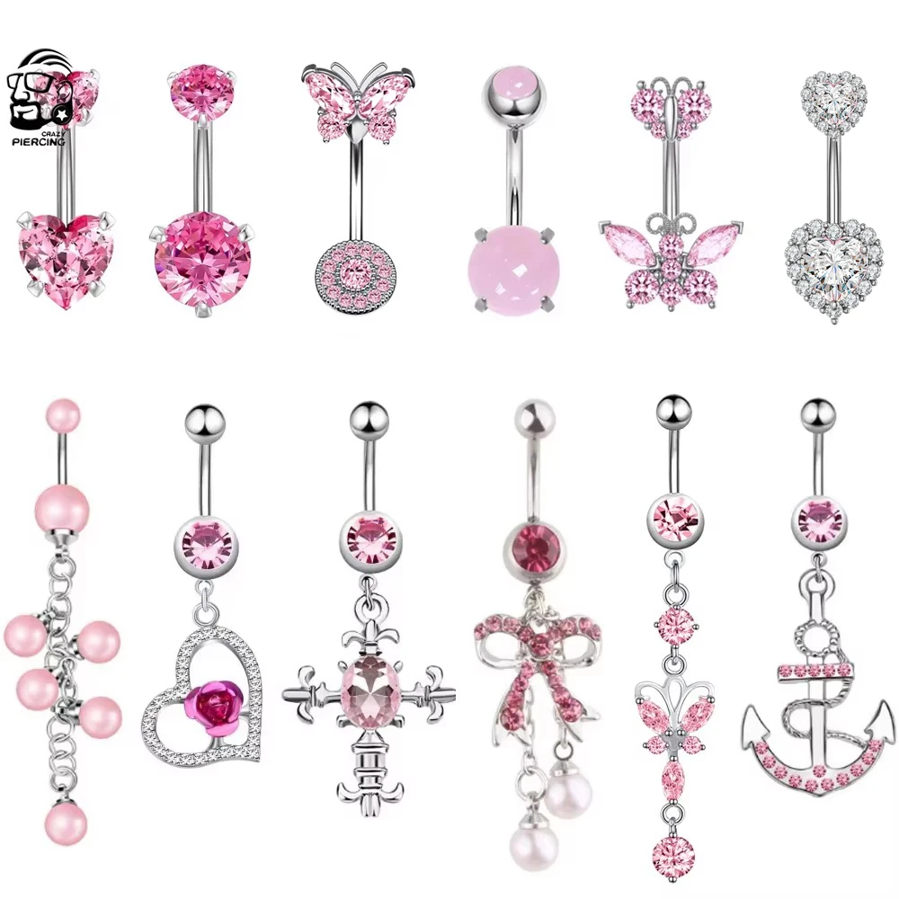 New Pink Series Dangled Belly Button Rings Heart Cross Zircon Curved Barbell Belly Piercing for Women Body Jewelry 1.6mm*10mm