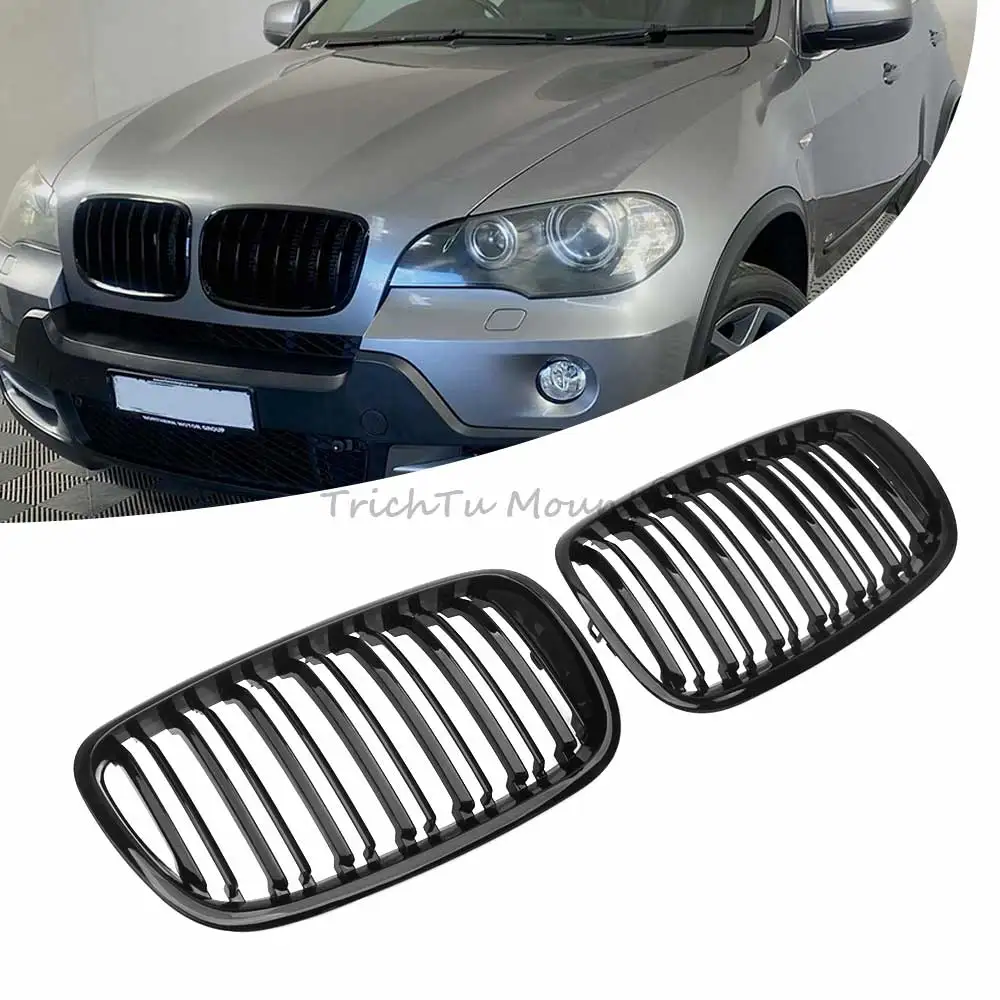 1 Pair Car Grilles Double Line Grille Compatible With BMW X5 E70 X6 E71 2008-2014 High Quality Abs Plastic Glossy Black Grille