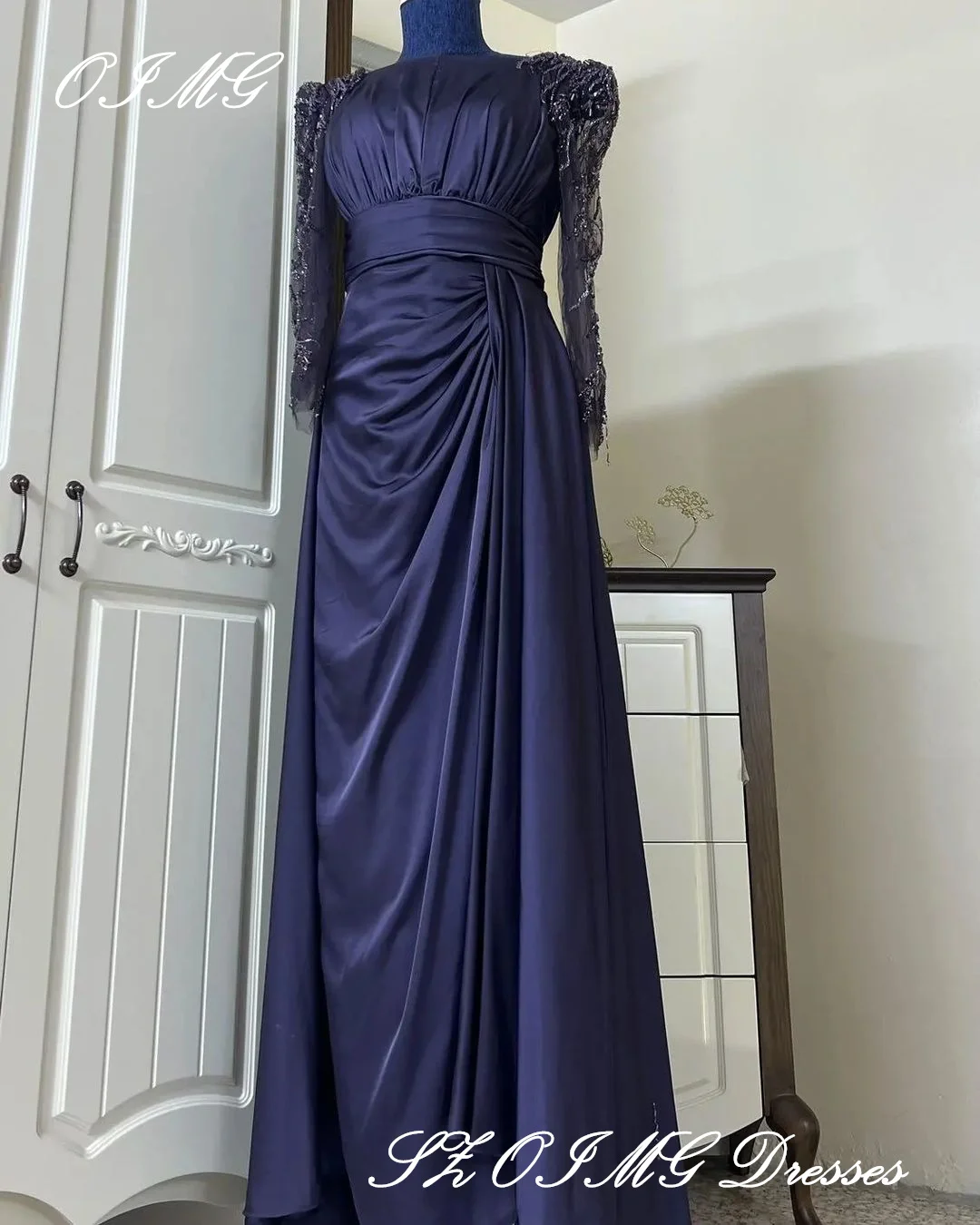 OIMG Gorgeous Boat Neck Prom Dresses Saudi Arabic Women Beading Sleeves Satin Mermaid Evening Gowns Occasion Formal Party Dress