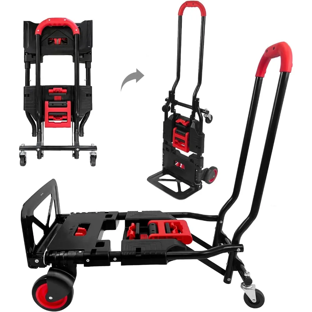 

Folding Hand Truck, Portable Dolly Cart with Rubber Wheels and Retractable Handle, 2 in 1 Design 264lbs Capacity Foldable