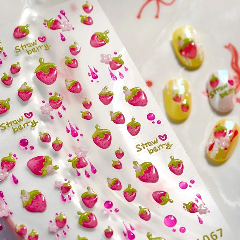 사랑스러운 핑크 크림 딸기 쥬시 과일 꽃 녹색 잎 사랑 하트 귀여운 5D 셀프 접착 네일 아트 스티커 매니큐어 데칼