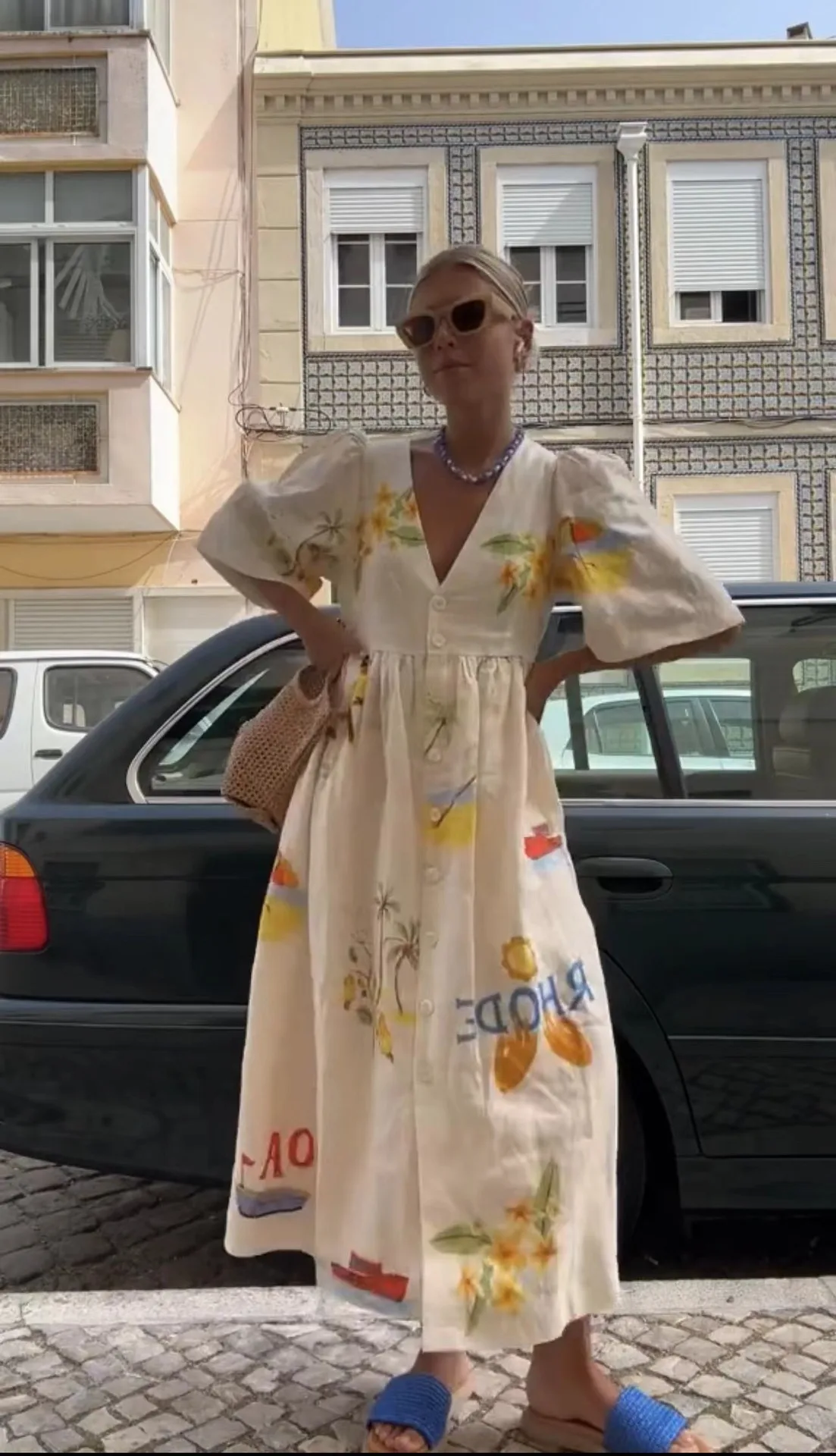 Elegant Printed Dress Women V Neck Puff Sleeve Loose Midi Female Dresses 2024 Summer Holidays Casual Lady Beach A-Line Vestidos