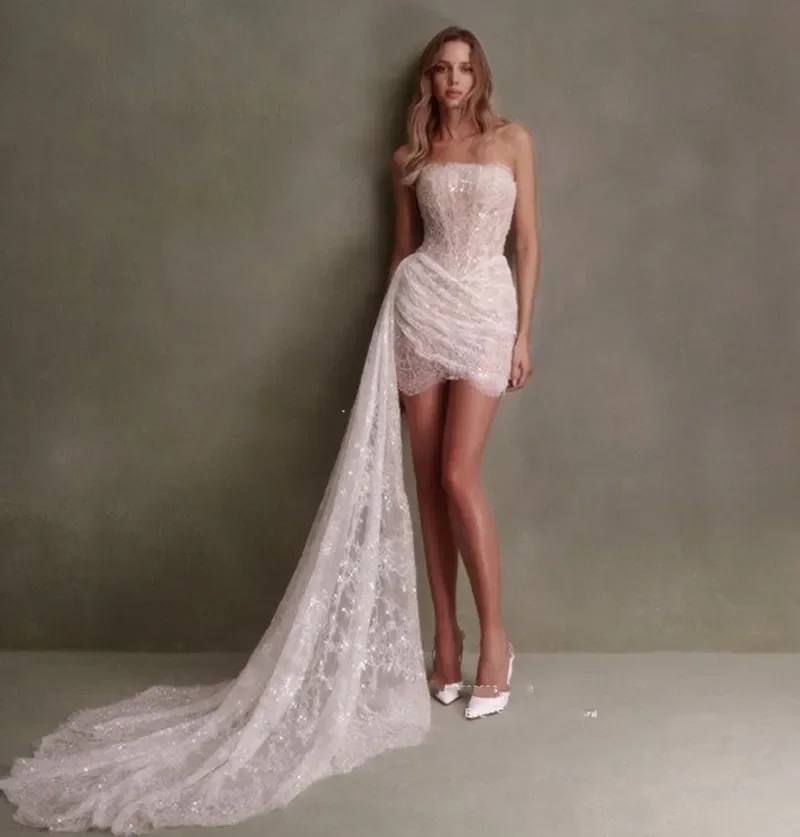 

Customized Sparkly Mini Short Prom Dress Sexy Strapless Sleeveless Backless Pleated Sequin Lace Party Pageant Evening Dress 2025