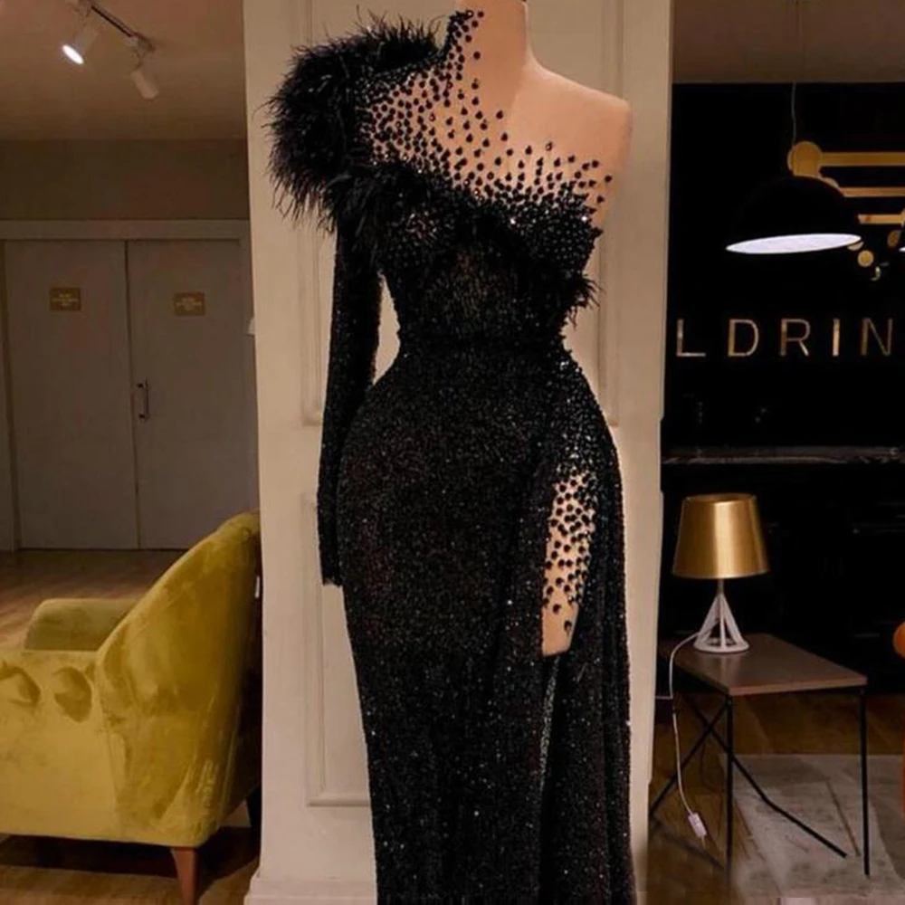Black Sequined BeadingHigh Coller Mermaid Prom Dresses One Shoulder Lace Up Train Evening Party Gown vestidos Customized