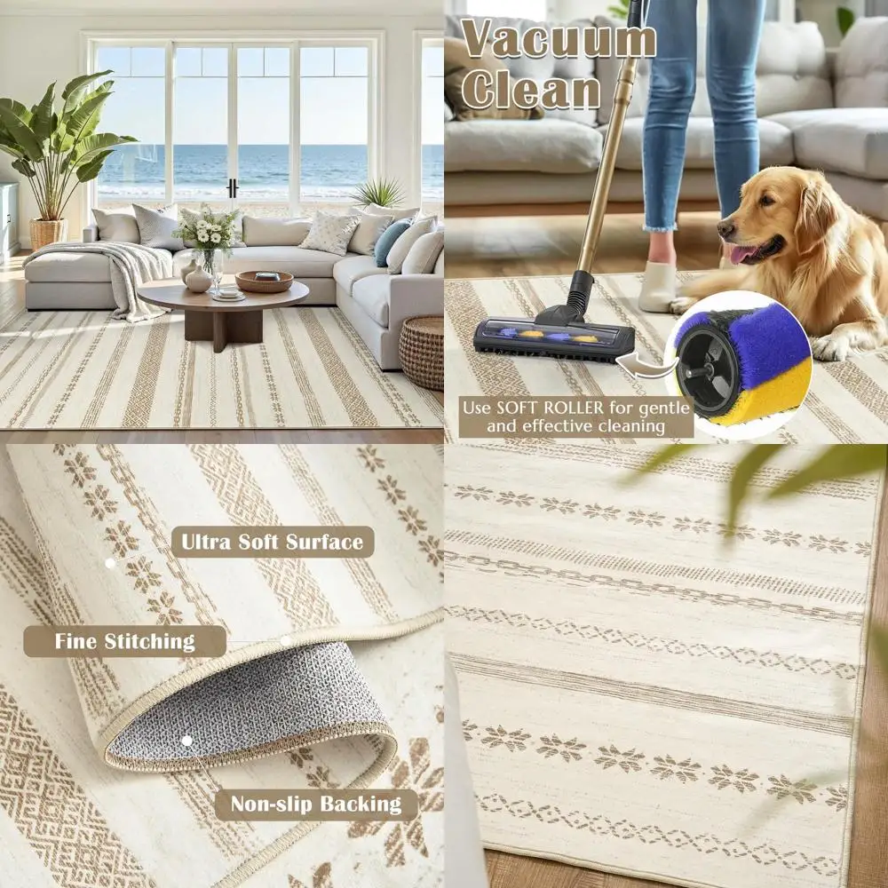 8x10 Moroccan Bohemian Rug - Neutral Beige Ripple Pattern, Machine Washable, Non-Slip for Living Room, Bedroom, and Office