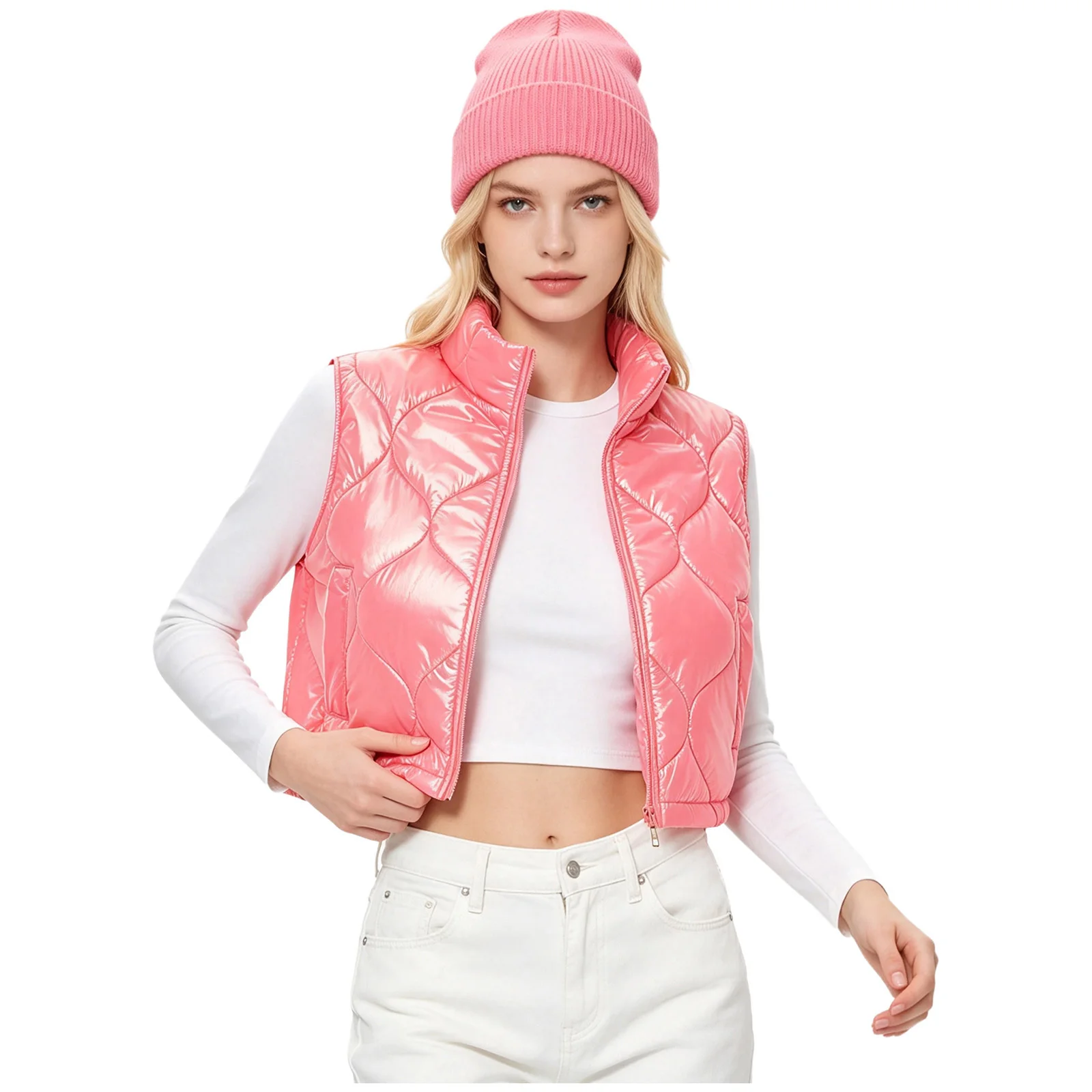 Women Quilted Puffer Crop Tank Top Sleeveless Stand Collar Zip-up Cropped Vest Padded Warm Cycling Hiking Waistcoat