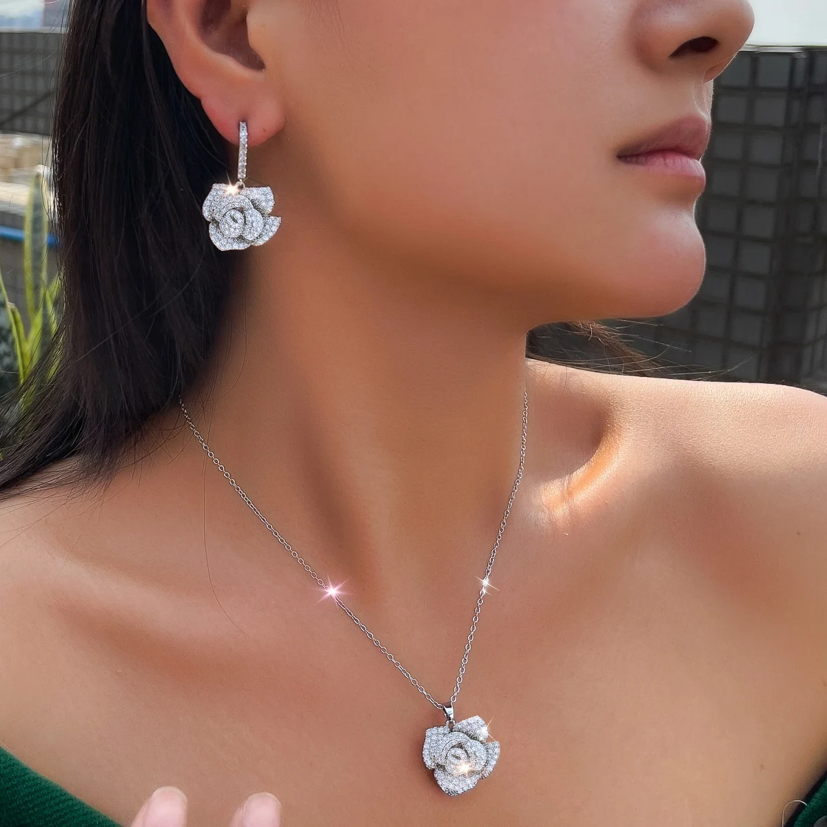 CWWZircons Geometric Flower Design Cubic Zircon Fashion Brand Women Rose Gold Color Earrings Necklace Pendant Jewelry Sets T0015