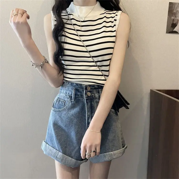 Striped Semi-turtleneck Knit Vest Women's Undershirt Summer 2023 New Slim Fit Sleeveless Off-the-shoulder Top Crop Tops