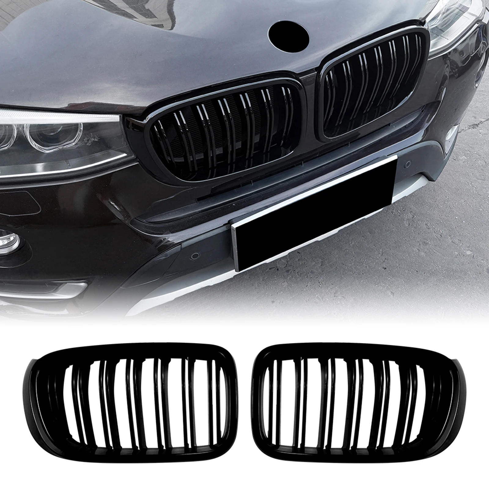 

All Black Front Kidney Grille Racing Grill Slat Line Style Upper Bumper Hood Mesh Grid For BMW X3 F25 X4 F26 2014-2017 LCI